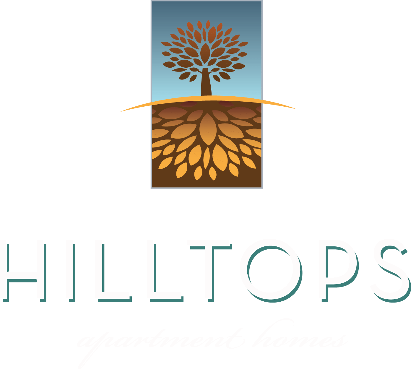 A logo for Hilltops Apartment Homes with a tree and roots.